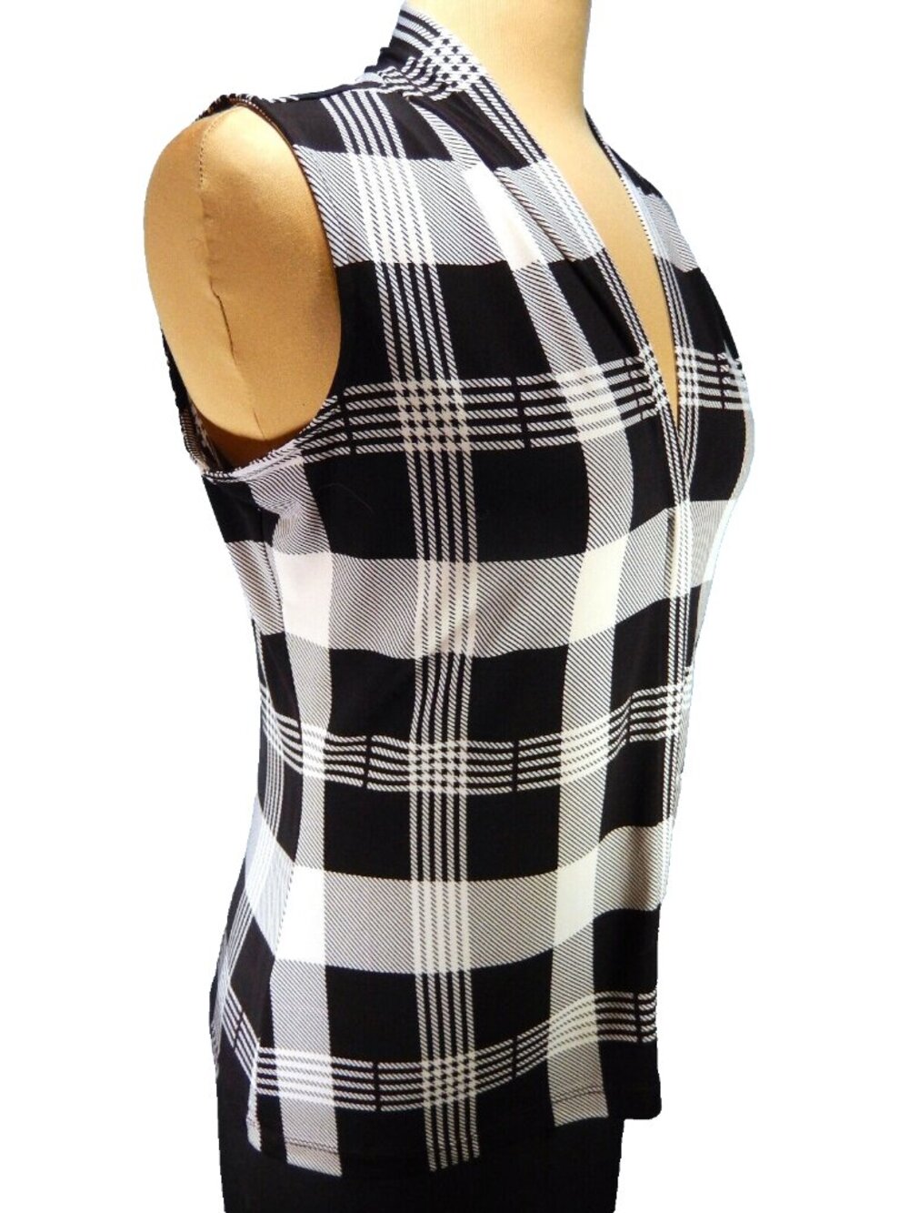 Calvin Klein Black & White Plaid V-Neck Small Sleeveless Career Top EUC